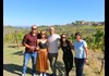 A group of tourists having their picture taken while on a vineyard in Tuscany.